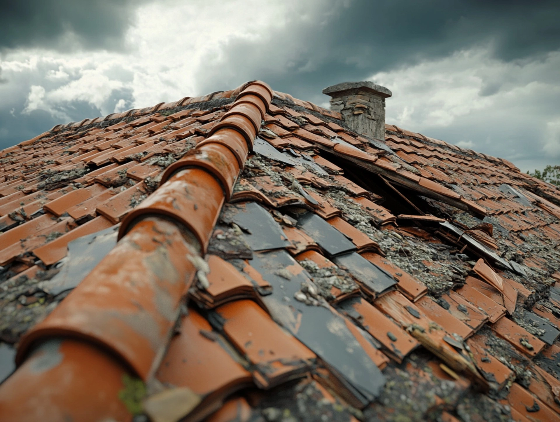 Storm damaged roof with displaced tiles