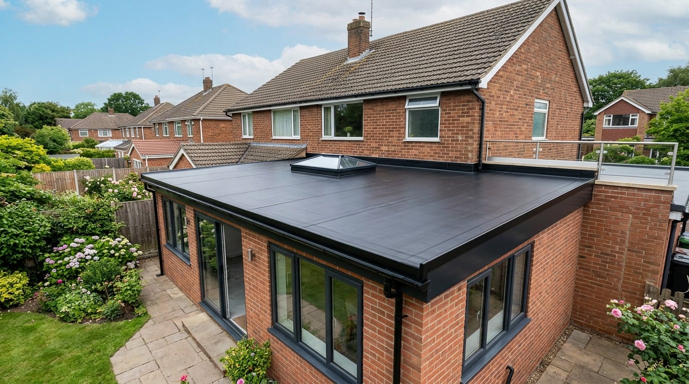 Modern EPDM rubber flat roof on house extension