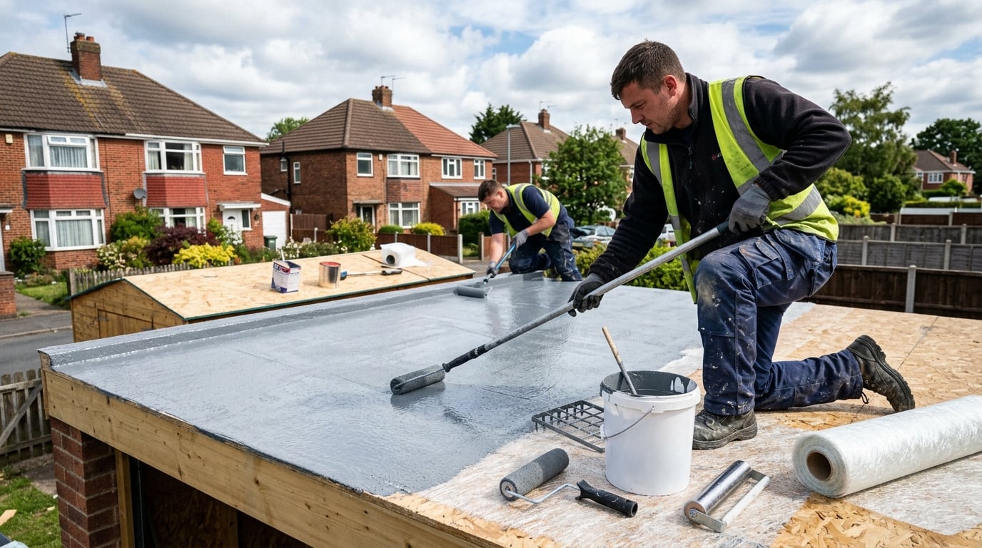 GRP fibreglass flat roof being applied