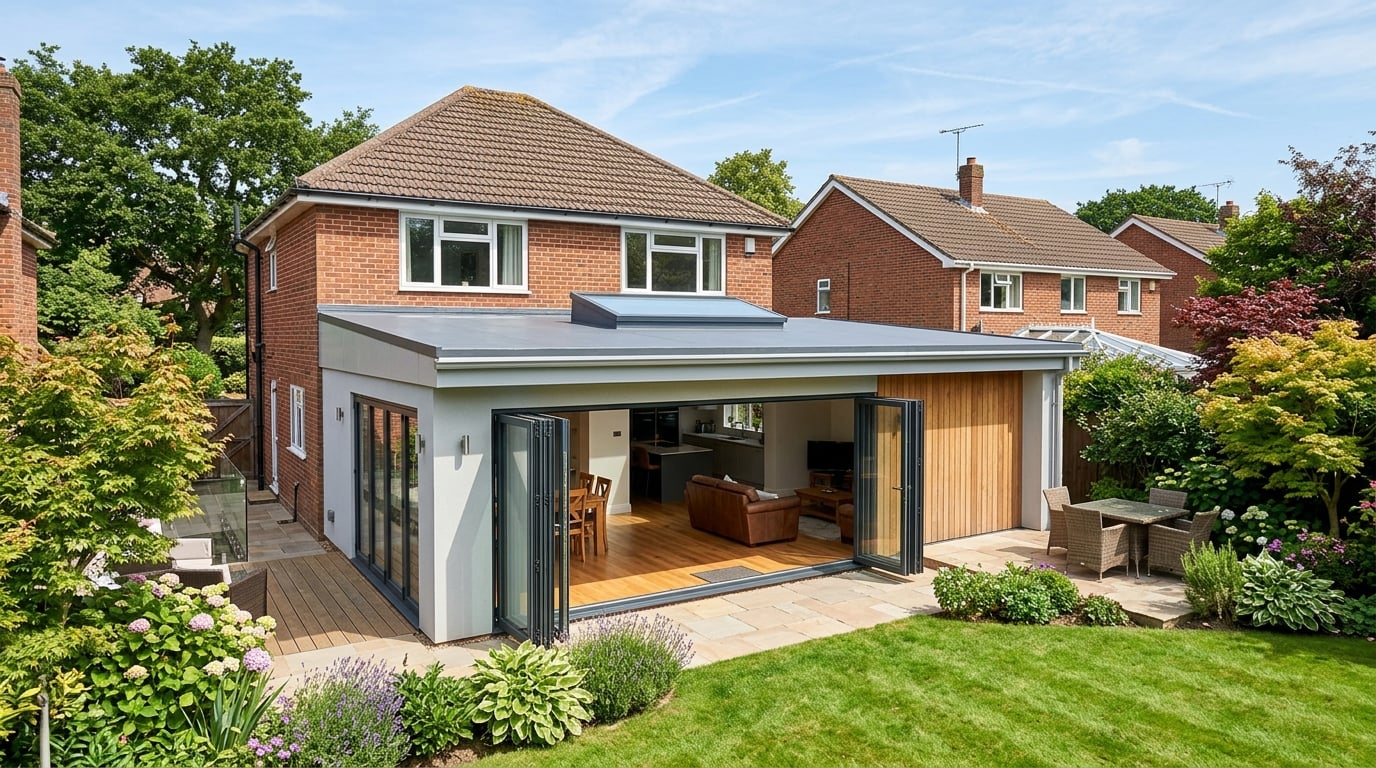 Completed flat roof on modern UK home extension