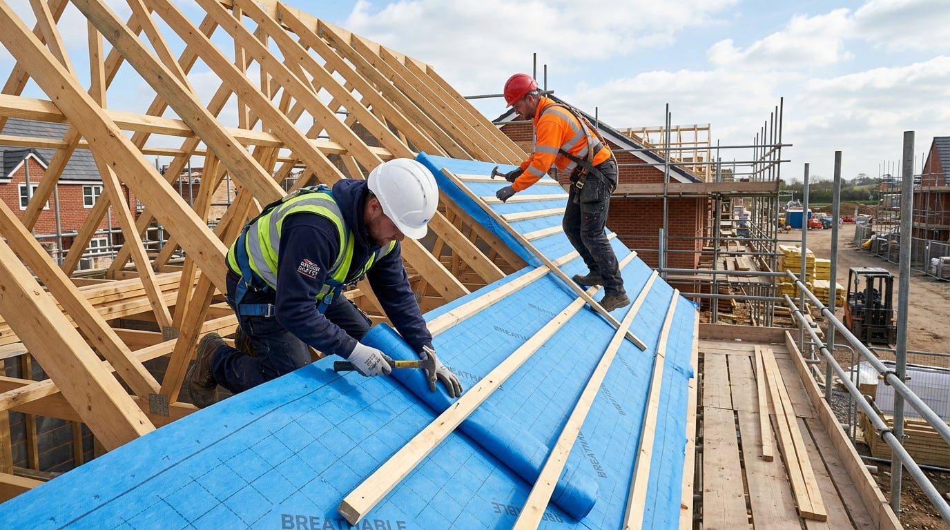 Workers installing timber battens and breathable membrane