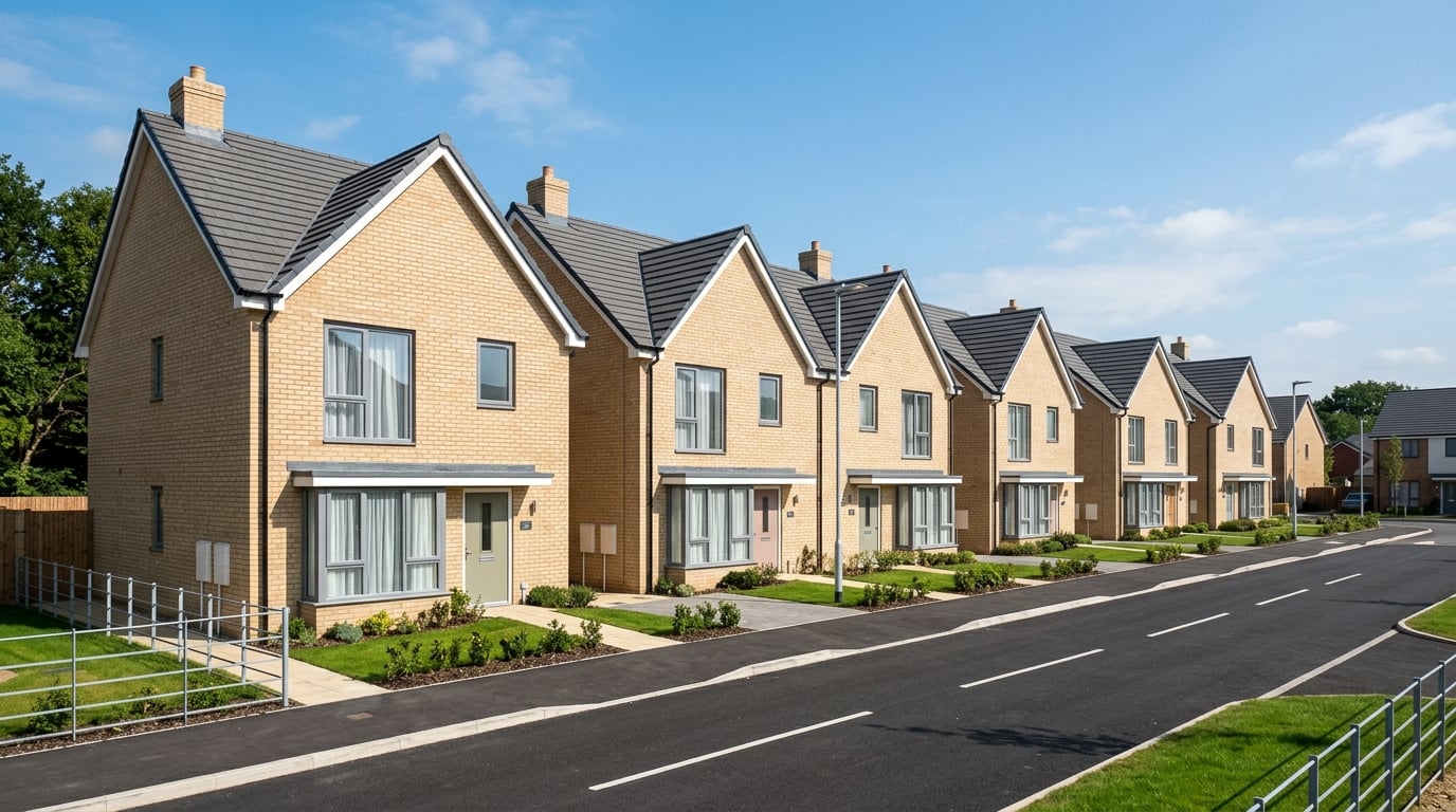 Row of new-build houses with immaculate rooflines