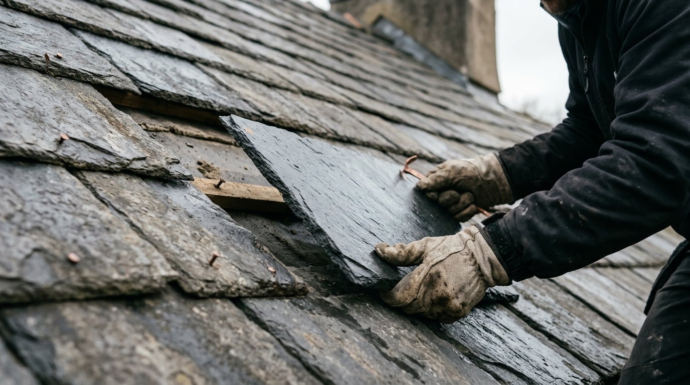 Roofer carefully replacing a broken slate tile