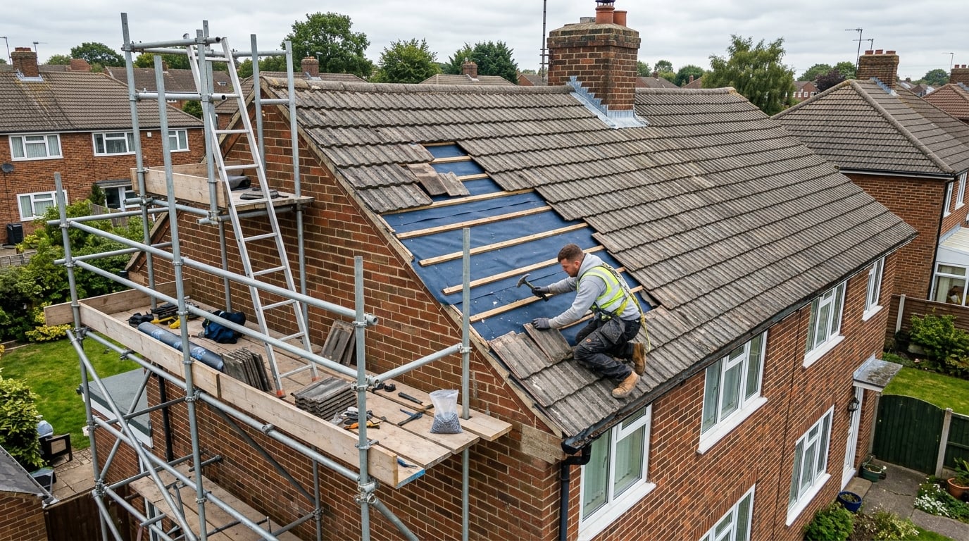 Damaged roof section being repaired with scaffolding