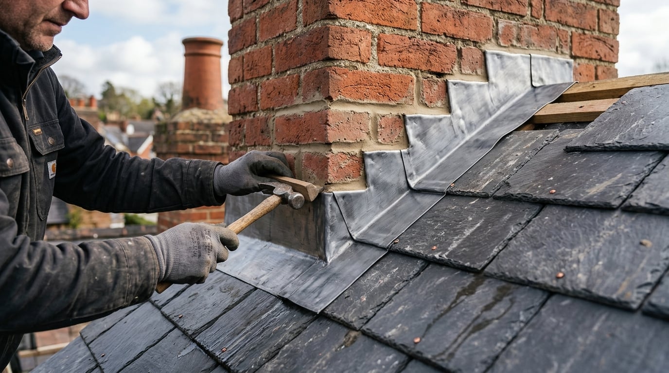 Lead flashing being fitted around chimney junction