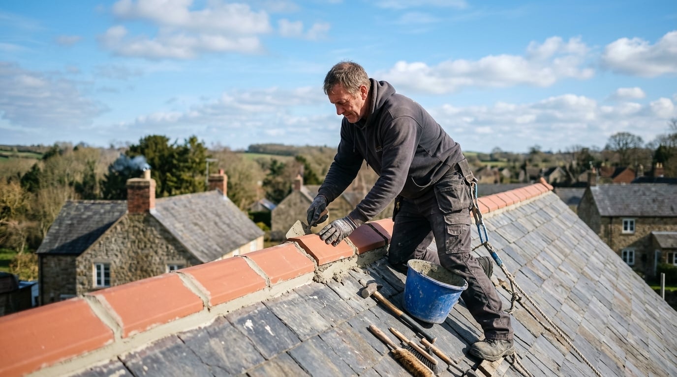 Ridge tiles being re-bedded with mortar