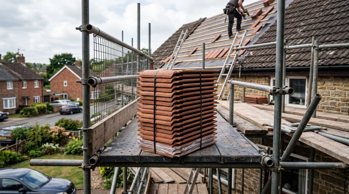 New replacement roof tiles on scaffolding