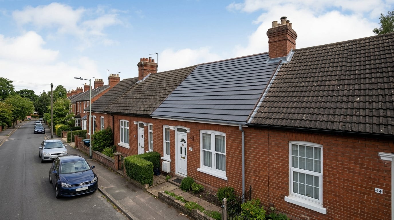 Completed roof repair on British terraced house